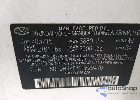 2015 Hyundai Elantra Se z USA, uszkodzony, nr VIN 5NPDH4AE3FH629470